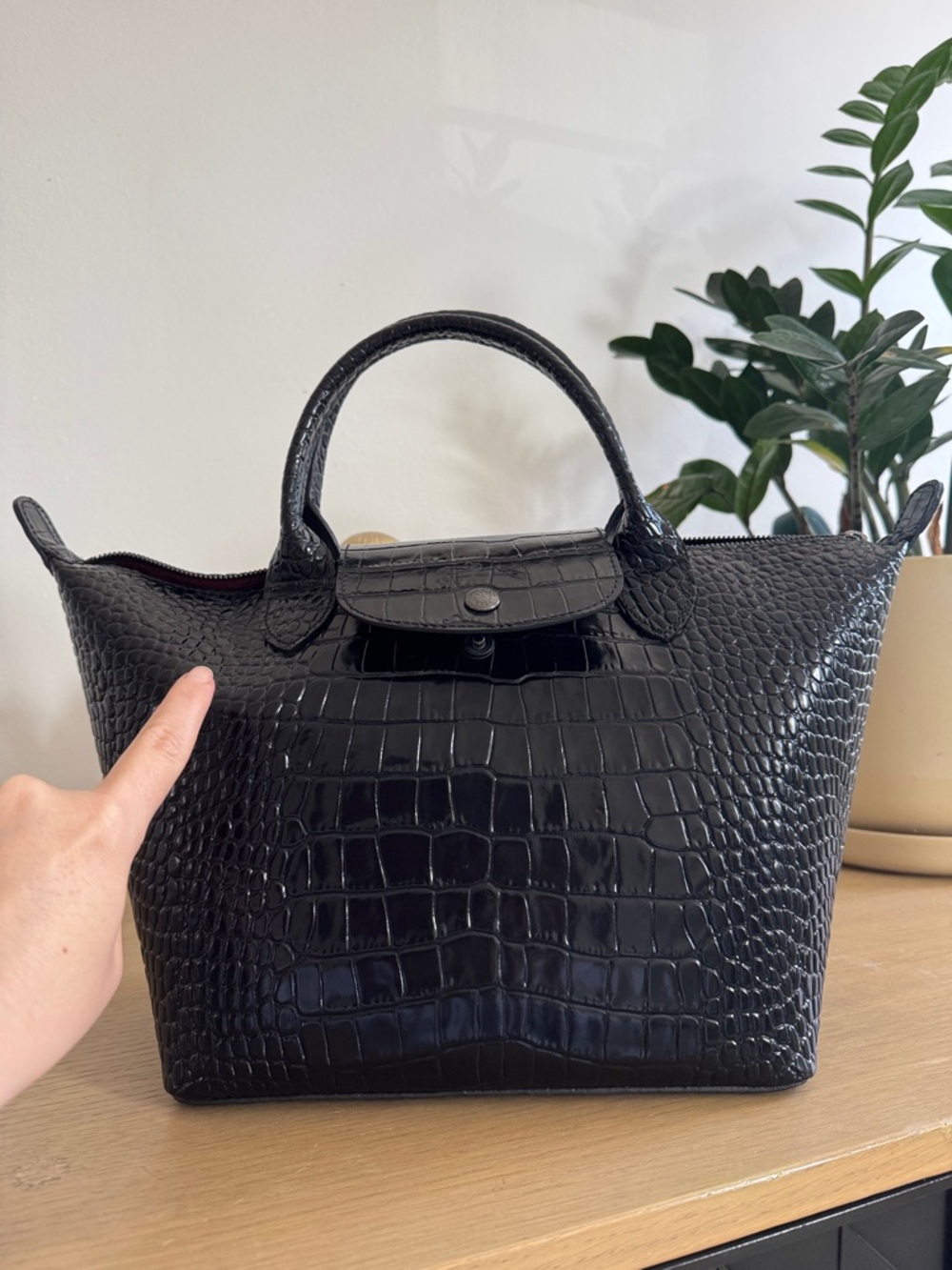 Longchamp Black Croc-Embossed Small Top-Handle Tote - Picture 10 of 11